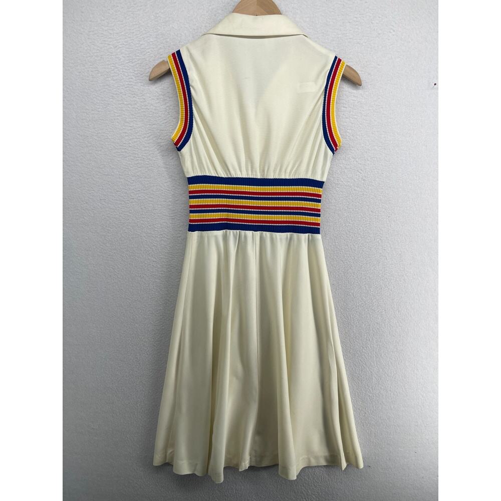VINTAGE TENNIS DRESS S Style Fit and Flare Sleeveless Rib Striped Zip Up Ivory - Picture 3 of 10